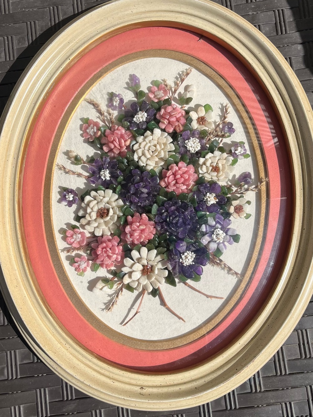 Oval Floral Relief Picture Frame in Pink, Purple & White